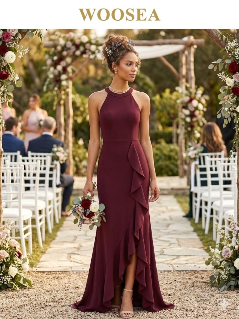 Woosea Burgundy halter Evening Gown Wedding Cocktail Prom Gala Party Formal